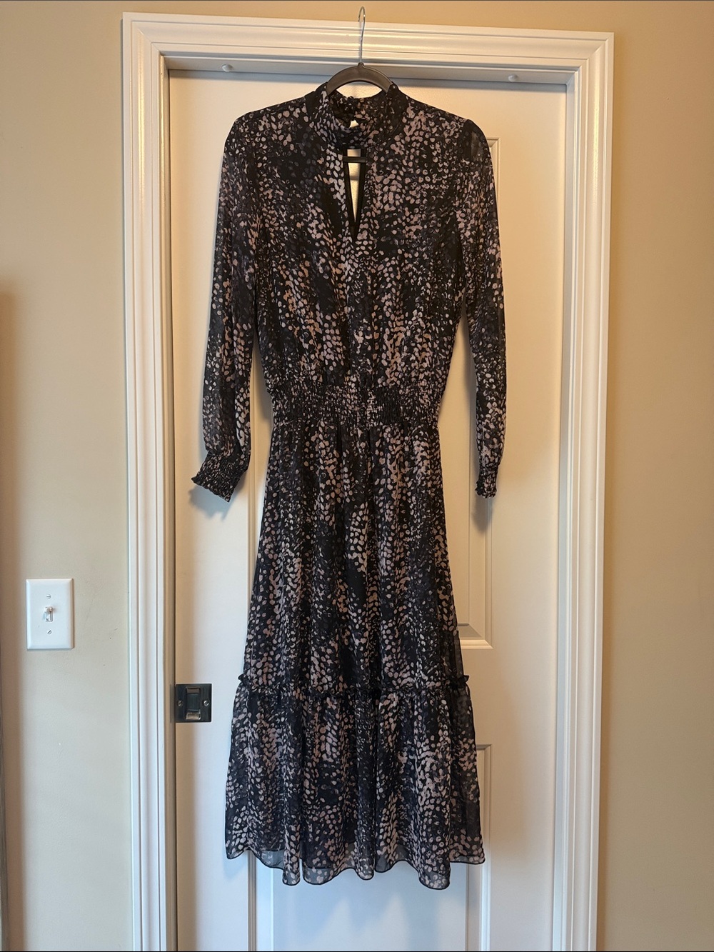 Navy and Blush Printed Long-Sleeve Midi Dress